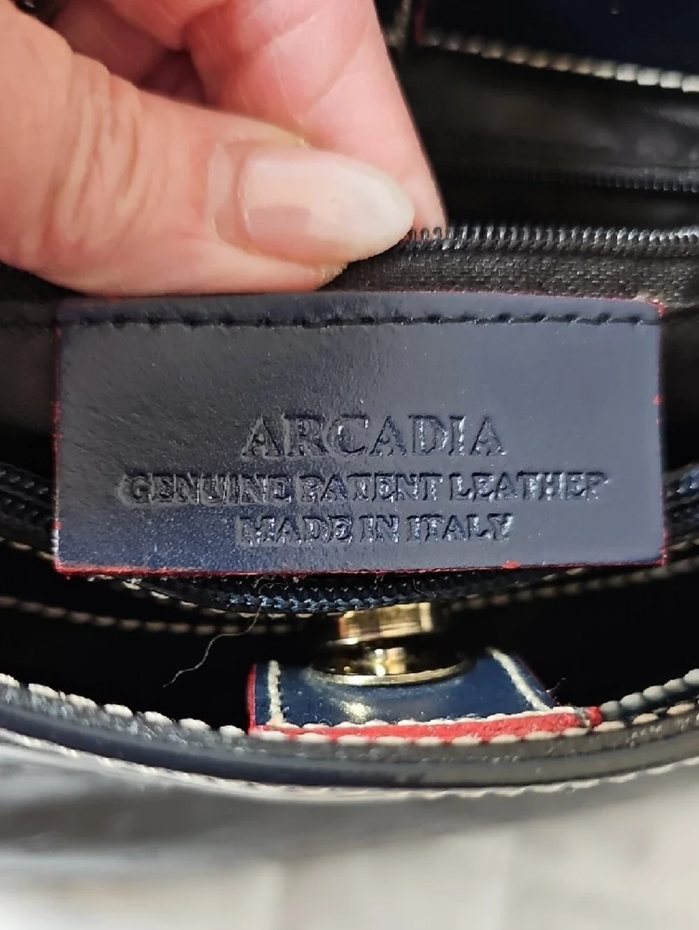 Arcadia Navy Patent Shoulder Tote with Gold Hardware - Picture 2 of 15